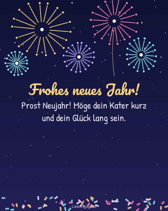 Frohes neues Jahr! Prost Neujahr! Möge dein Kater kurz und dein Glück lang sein.