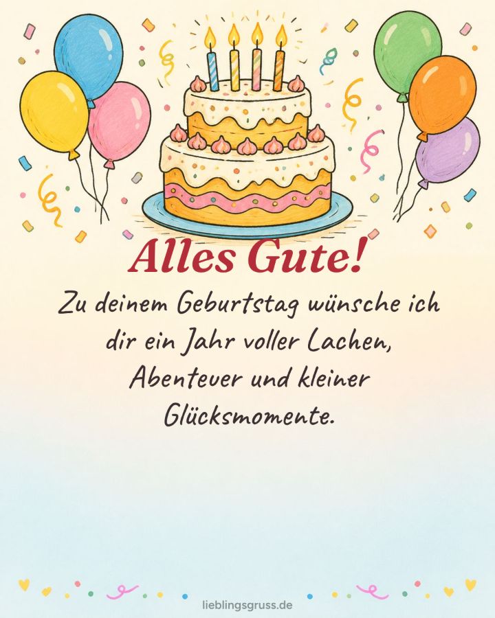 Alles Gute! Zu deinem Geburtstag wünsche ich dir ein Jahr voller Lachen, Abenteuer und kleiner Glücksmomente. (Motiv Gezeichnet)