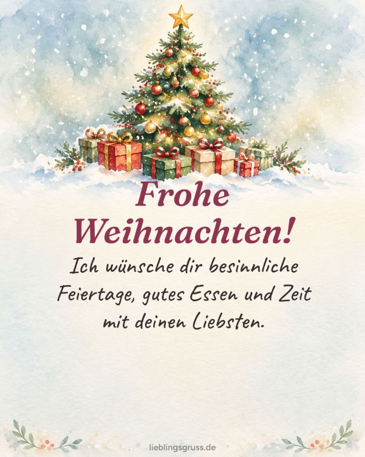 Frohe Weihnachten! Ich wünsche dir besinnliche Feiertage, gutes Essen und Zeit mit deinen Liebsten. (Motiv Aquarell)
